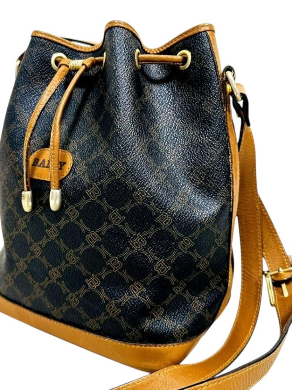 Bally Vintage Monogram Bucket Bag Black & Cognac Leather Shoulder Bag